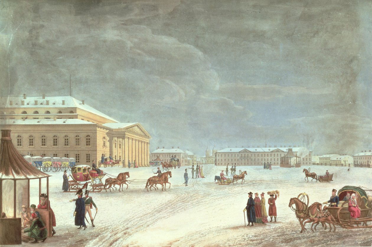 Vista da Praça e do Grand Theatre, São Petersburgo (lito colorido) de French School