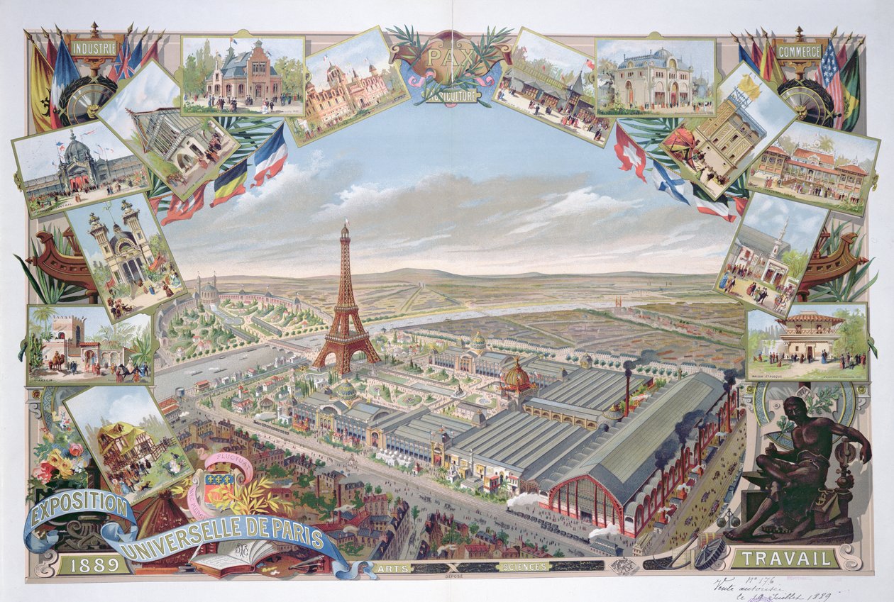 Vista da Exposição Universal com os diferentes pavilhões e a Torre Eiffel, 1889 de French School