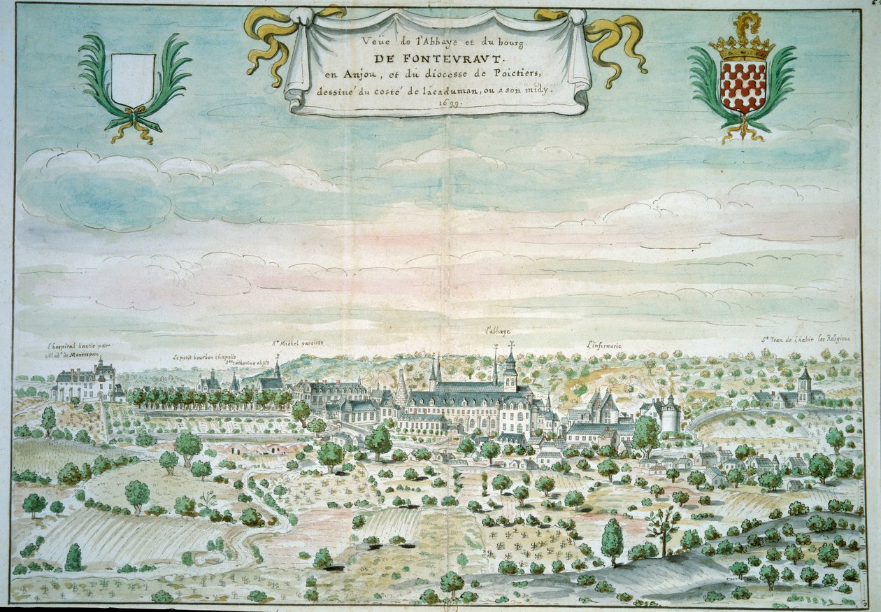 Vista da abadia de Fontevrault (Fontevraud) no Maine e Loire Watercolour da escola francesa. 1699 Paris, B.N. de French School