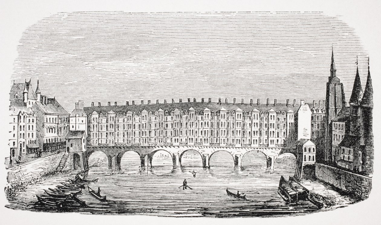 Vista da antiga Pont-au-Change, de uma gravura da "Topografia de Paris", de "Le Moyen Age et La Renaissance", de Paul Lacroix (1806-84), publicada em 1847 de French School