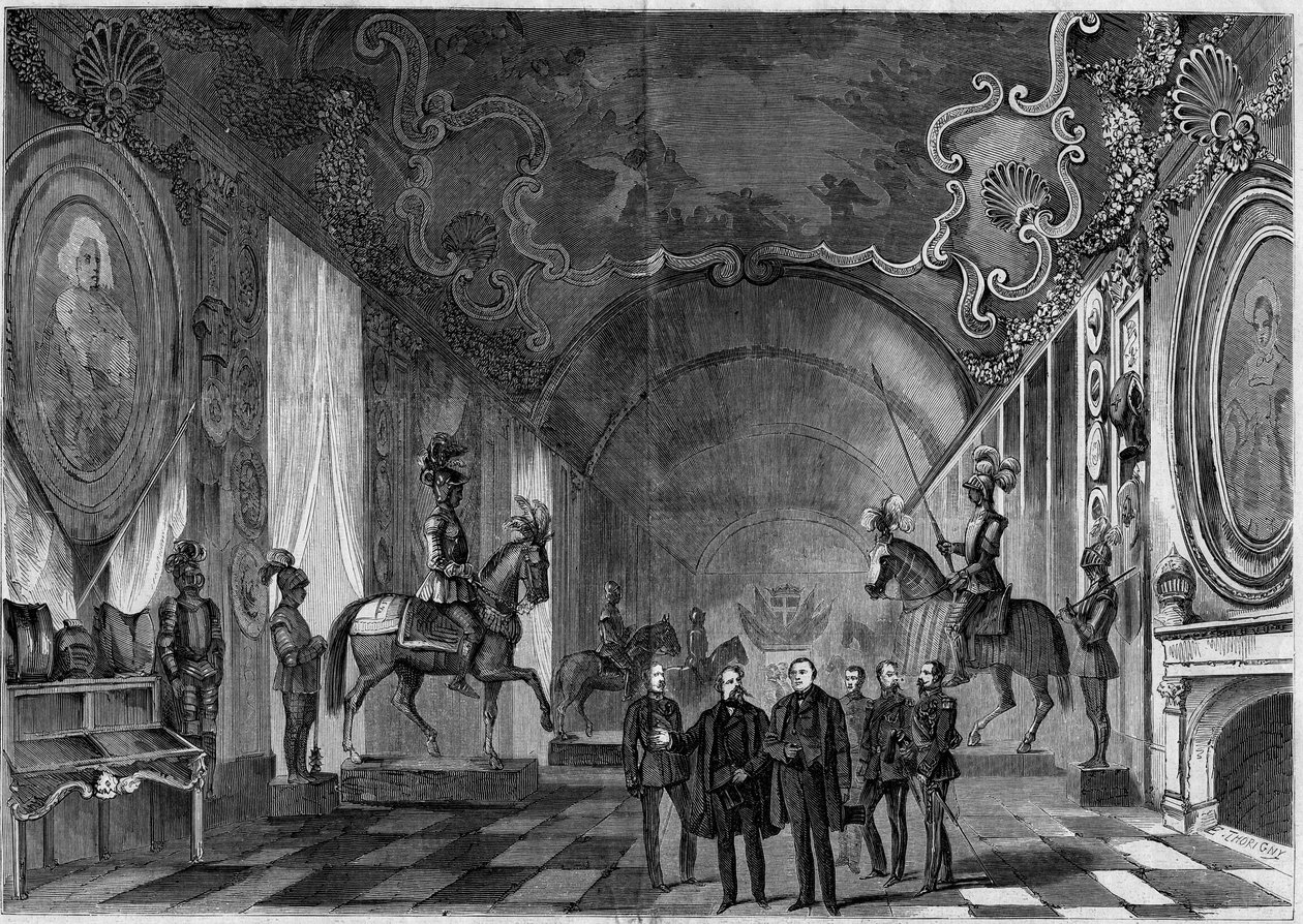 Vista da sala de armas do Palácio de Turim (Itália) durante a visita do rei Victor Emmanuel II (Vittorio Emanuele) (Victor-Emmanuel) (1820-1878) e do príncipe Napoleão (1822-1891) de French School