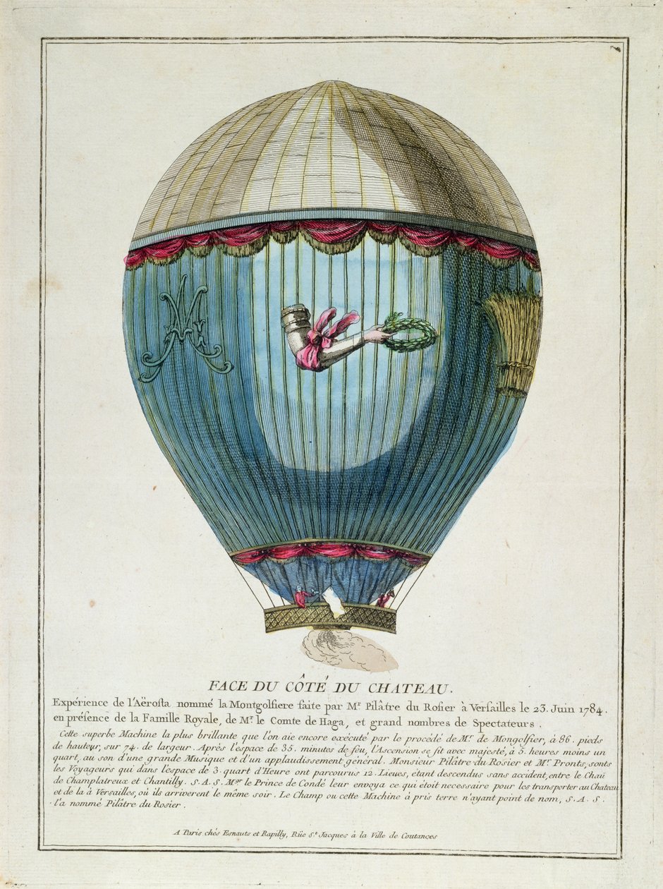 Vista do balão usado por François Pilatre de Rozier (1754-85) em Versalhes no dia 23 de junho de 1784 de French School