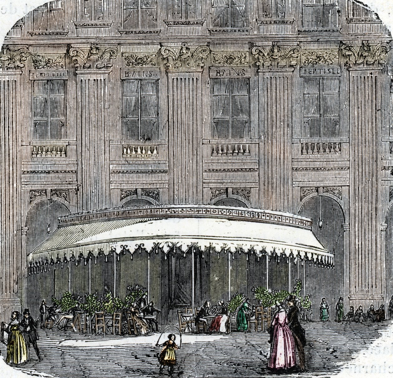 Vista do Café de la Rotonde no Palais-Royal em Paris por volta de 1860 (gravura colorida) de French School