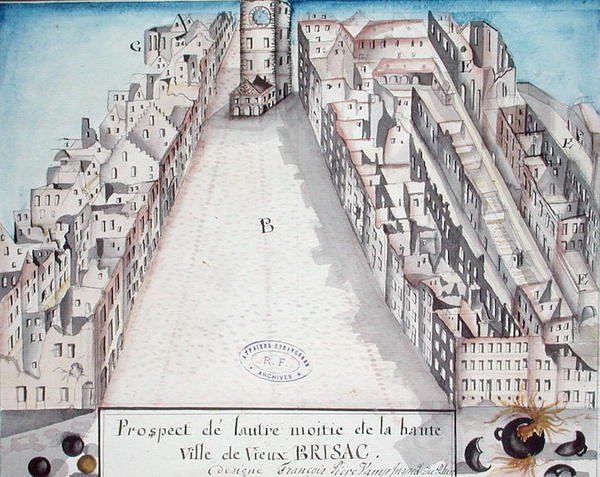 Vista do centro de Brisach após o bombardeio francês em 1793 de French School