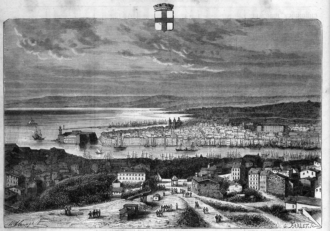 Vista da cidade e do porto de Marselha. Gravura de 1880 em "La republique illustree" coleção particular. de French School