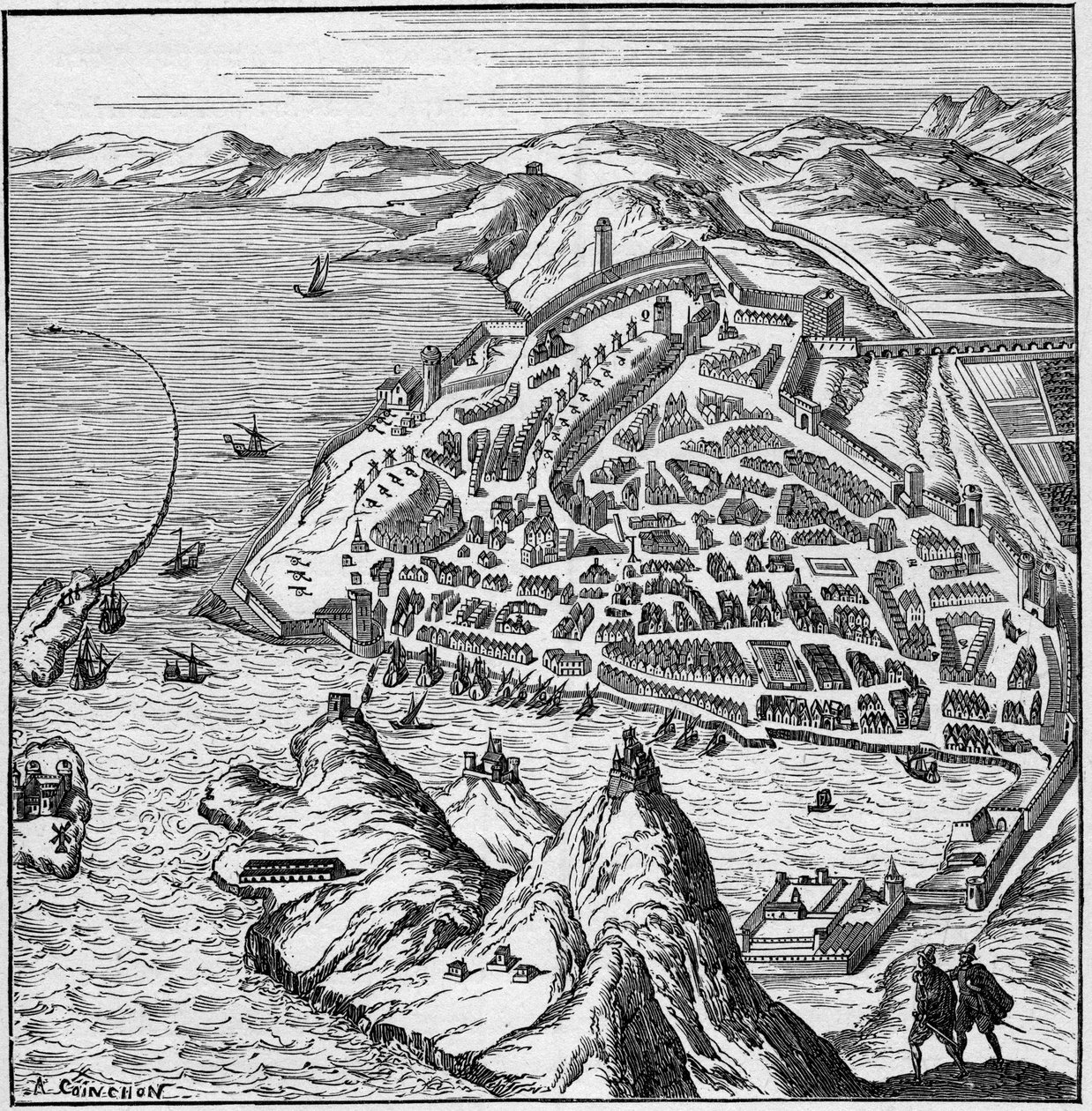 Vista da cidade e do porto de Marselha, no século XVI. Gravura em "La Marine et les colonies: comércio". de French School
