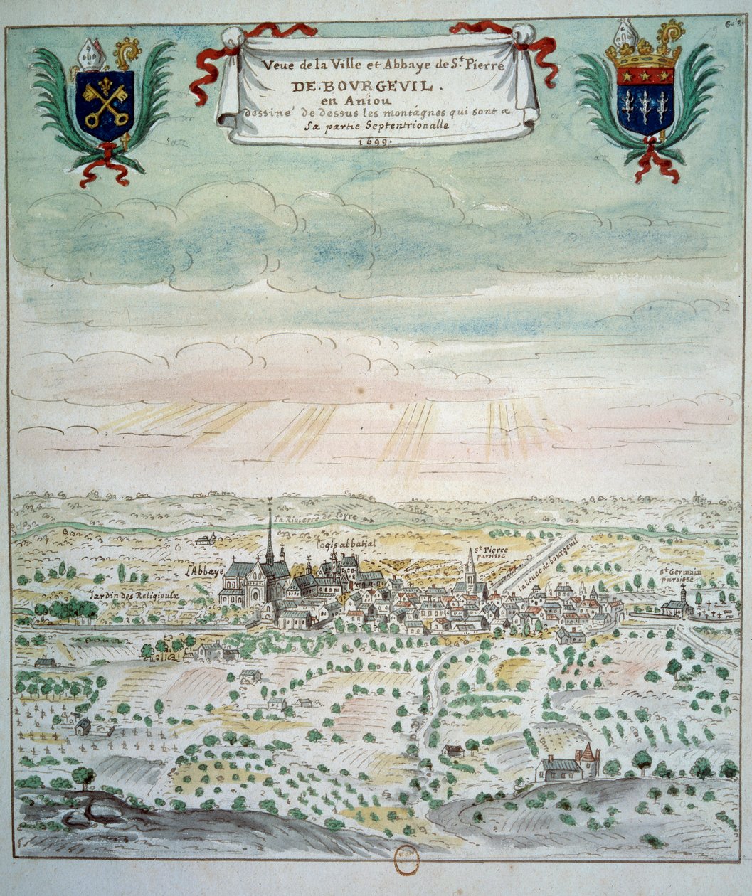 Vista da cidade e da abadia de Saint Pierre de Bourgueil Watercolour da escola francesa. 1699 Paris, B.N. de French School