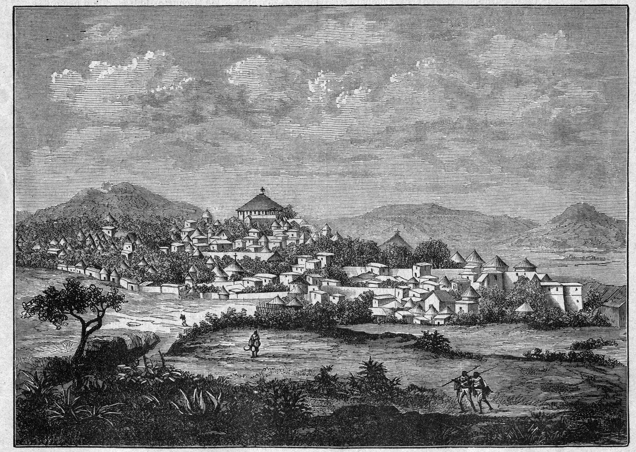 Vista da cidade de Adoua, capital da região do Tigre da Etiópia. Gravura de 1896 em "L