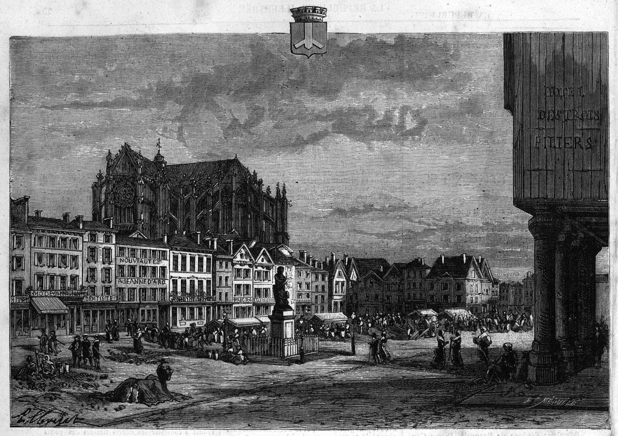 Vista da cidade de Beauvais no Oise. Gravura de 1880 em "La republique illustree" coleção particular. de French School