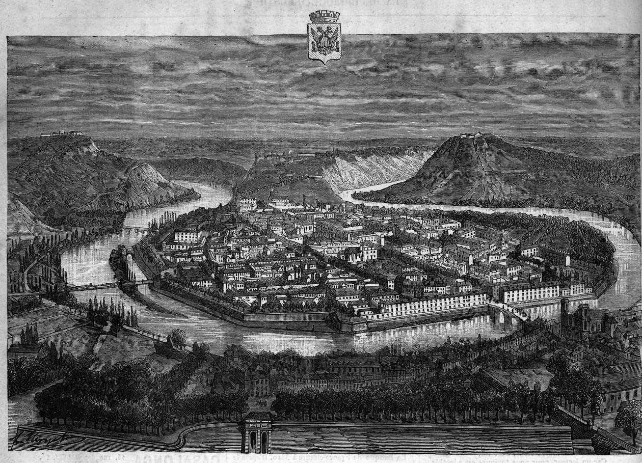 Vista da cidade de Besancon, em Doubs. Gravura de 1880 em "La republique illustree" coleção privada. de French School