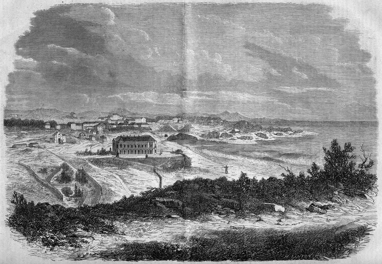 Vista da cidade de Biarritz, Pirenéus do Atlântico (64) em 1858. Gravura em "Le Monde Illustré" n°75 de 18 de Setembro de 1858. de French School
