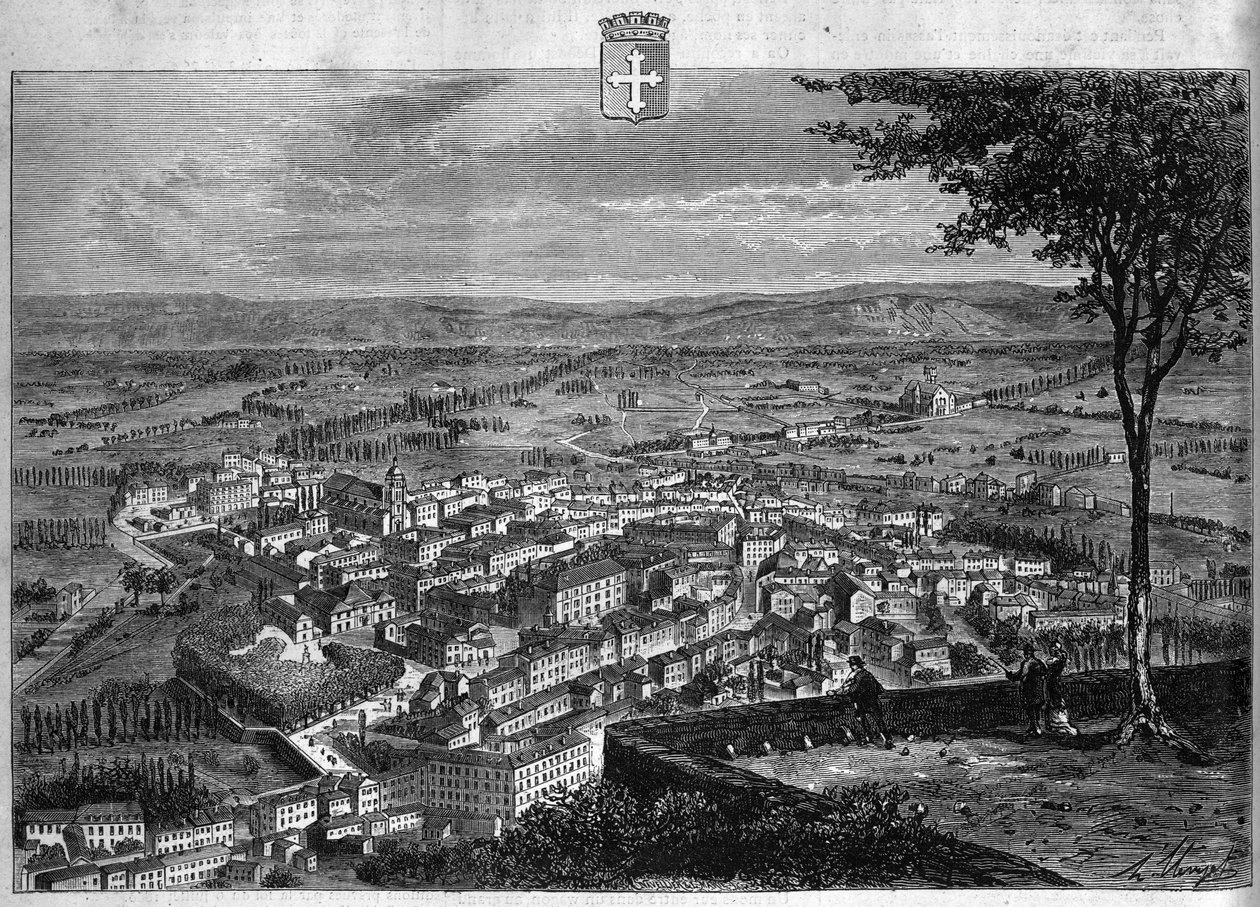 Vista da cidade de Bourg, no Ain. Gravura de 1880 em "La republique illustree" coleção particular. de French School