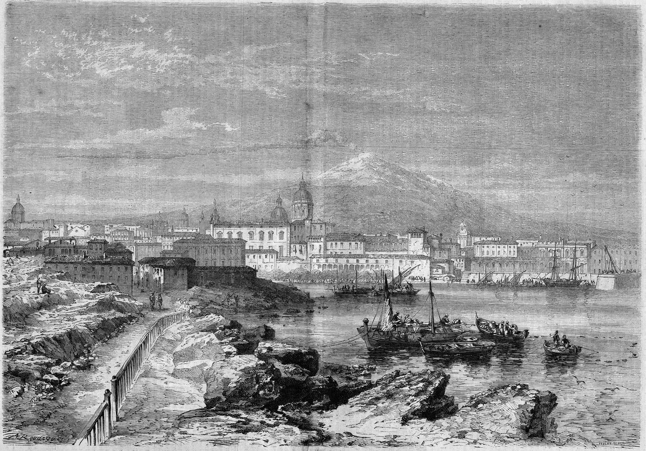 Vista da cidade de Catania (Catania) ao pé do vulcão Etna. Sicília, Itália de French School