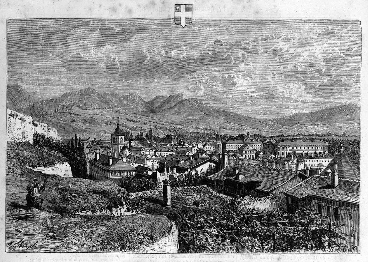 Vista da cidade de Chambery em Savoy. Gravura de 1880 em "La republique illustree" coleção particular. de French School