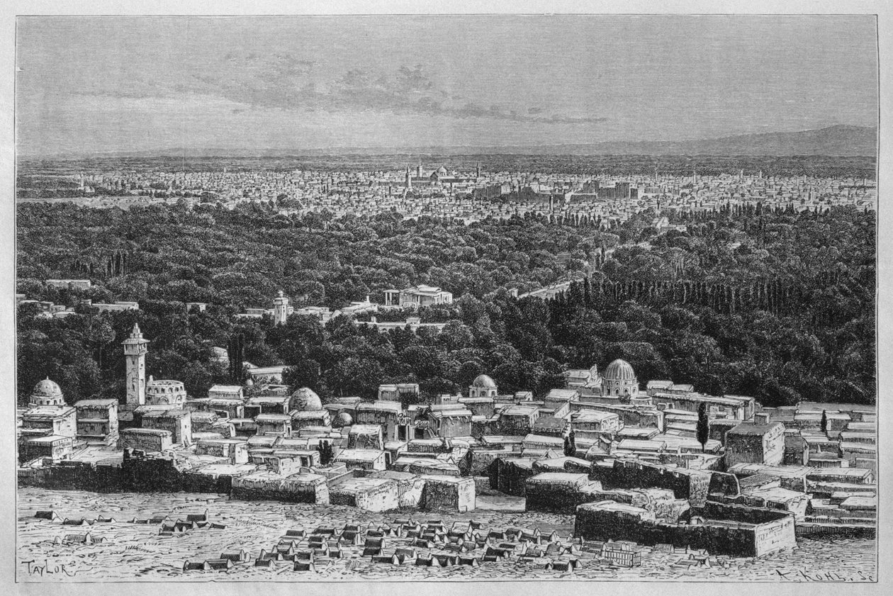 Vista da cidade de Damasco, da Síria hoje. Viajar para a Fenícia, o Líbano e a Judéia. 1875-1880 de Louis Charles Emile Lortet, 1884 (gravura do bw) de French School