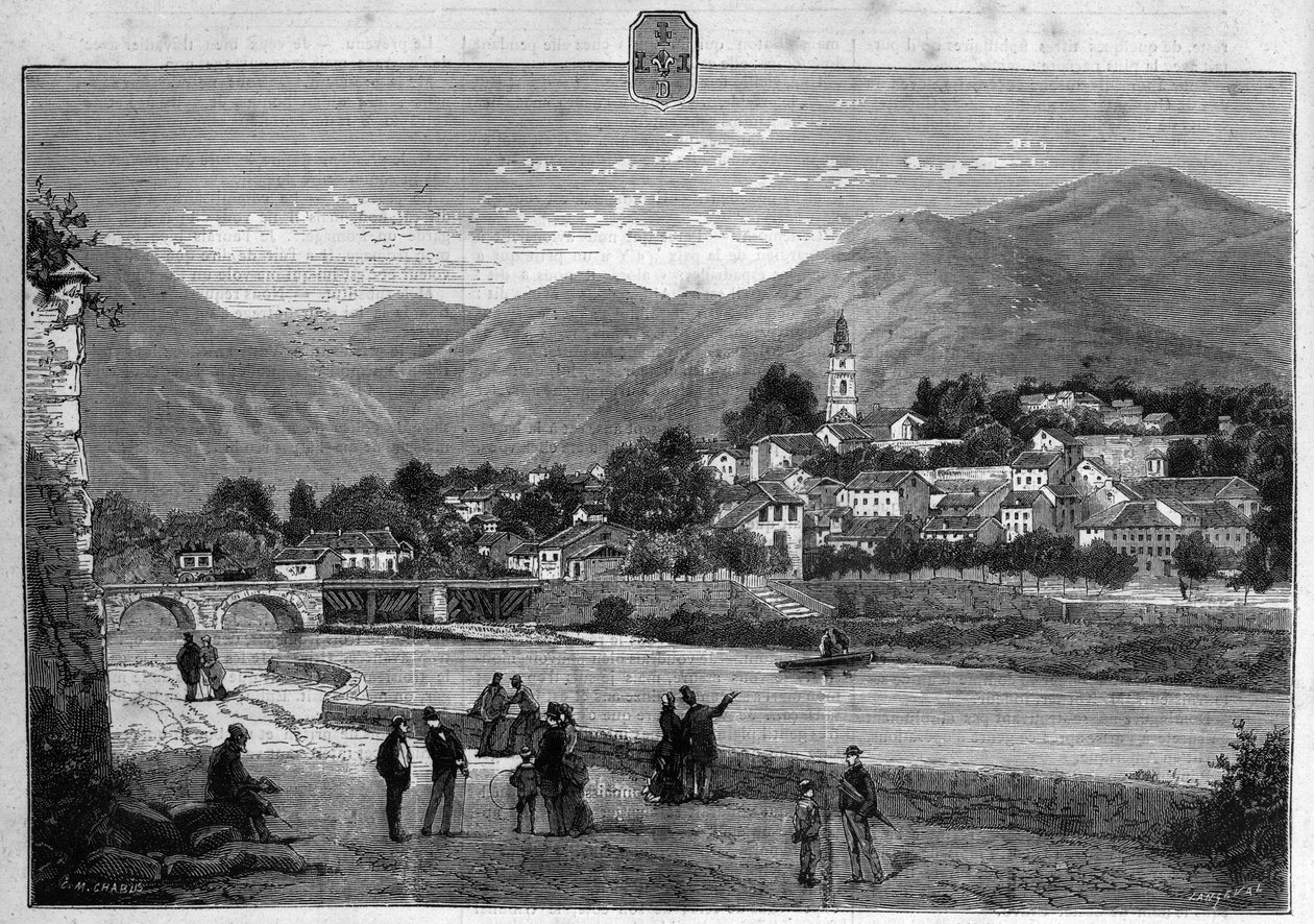 Vista da cidade de Digne nos Alpes Inferiores (Lower Alps). Gravura de 1880 em "La republique illustree" coleção particular. de French School