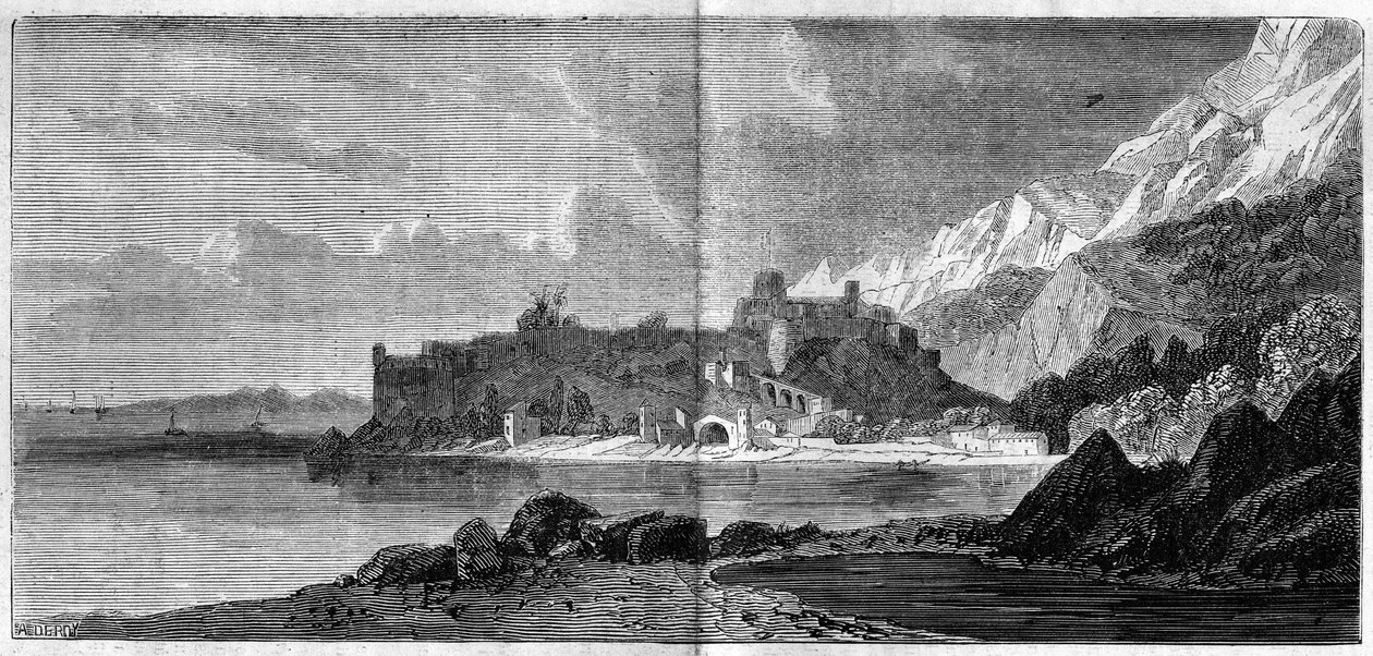 Vista da cidade do Mónaco em 1860. Gravura em "O Mundo Ilustrado" n°157 de 14 de Abril de 1860. de French School