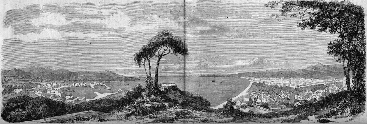 Vista da cidade de Nice em 1860. Gravura em "O Mundo Ilustrado" n°157 de 14 de Abril de 1860. de French School