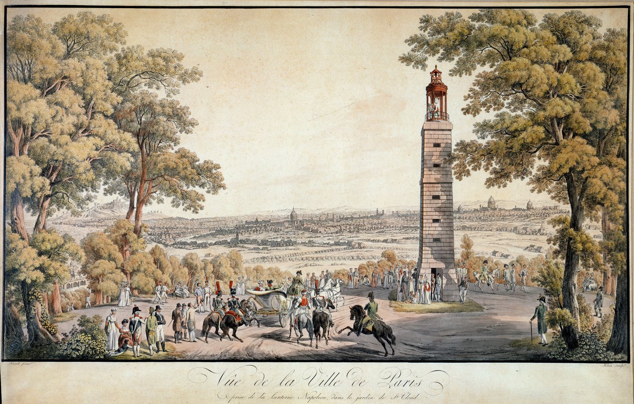 Vista da cidade de Paris, tirada da lanterna ou "Lanterna de Demóstenes" no Parc Saint Cloud O Imperador Napoleão I é um representante caminhando pelos jardins, a lanterna luminosa indicava a presença do Imperador. Litografia do 19º cen de French School