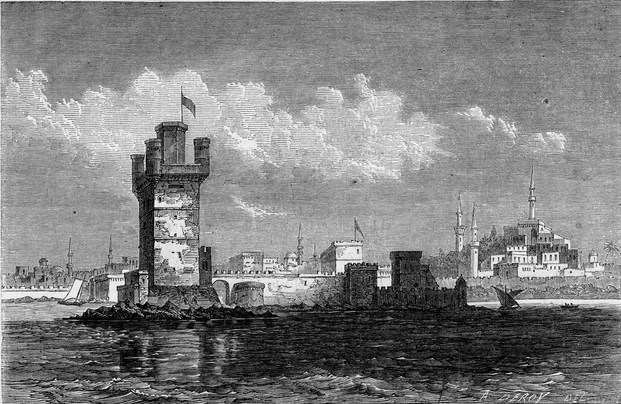 Vista da cidade de Rodes (Grécia) com a torre quadrada Saint Michel (Saint Michel), destruída durante um terremoto em 1863. Gravura no "Le Monde Illustré" n°320 de 30 de Maio de 1863. de French School
