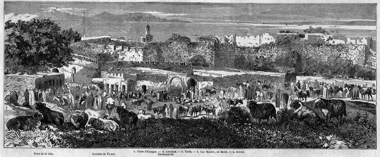 Vista da cidade de Tânger (Marrocos), no dia da marcha árabe. Gravura no "Le Monde Illustré" n°129 de 1 de Outubro de 1859. de French School