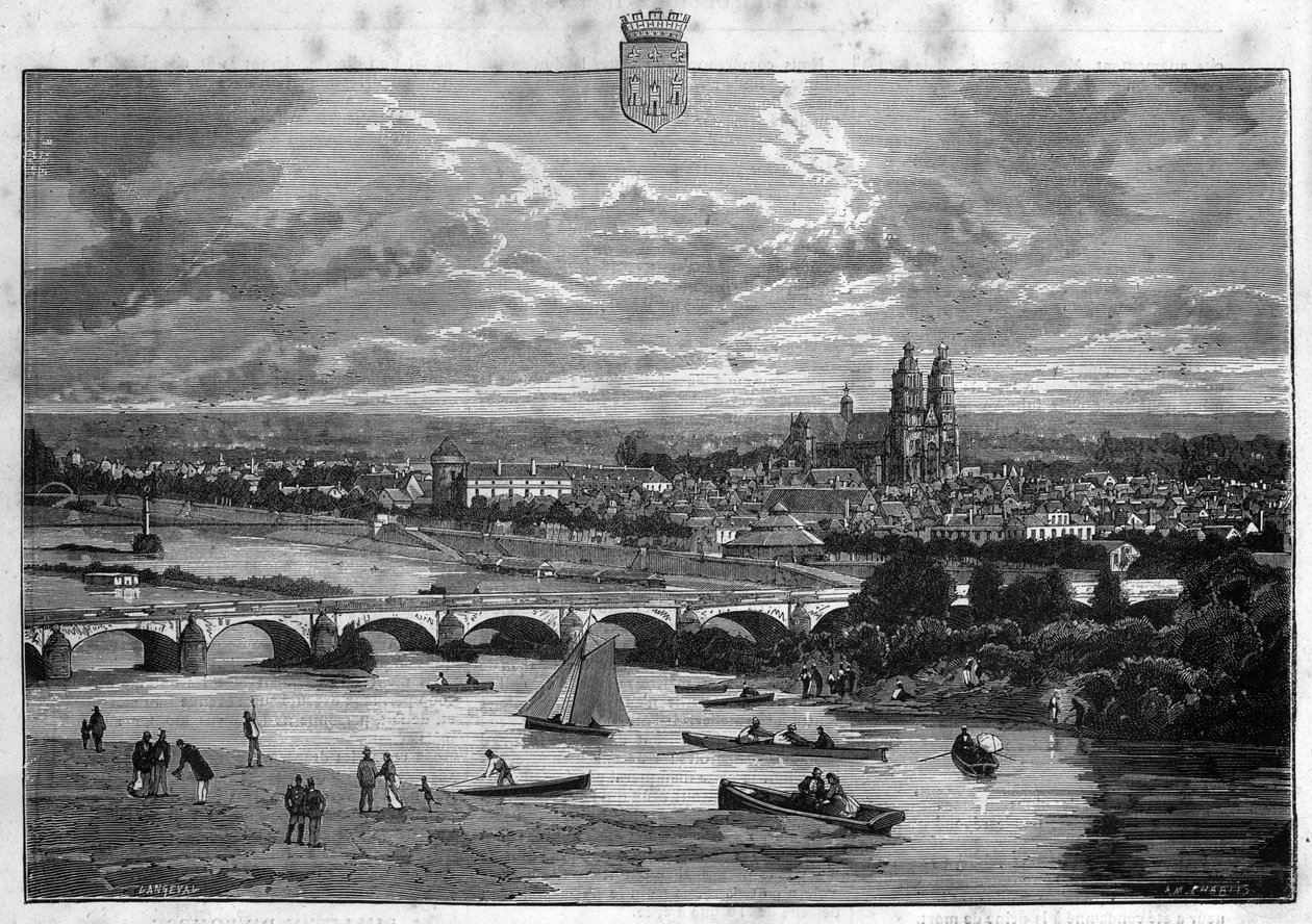 Vista da cidade de Tours no Indre et Loire. Gravura de 1880 na colecção privada "La republique illustree". de French School