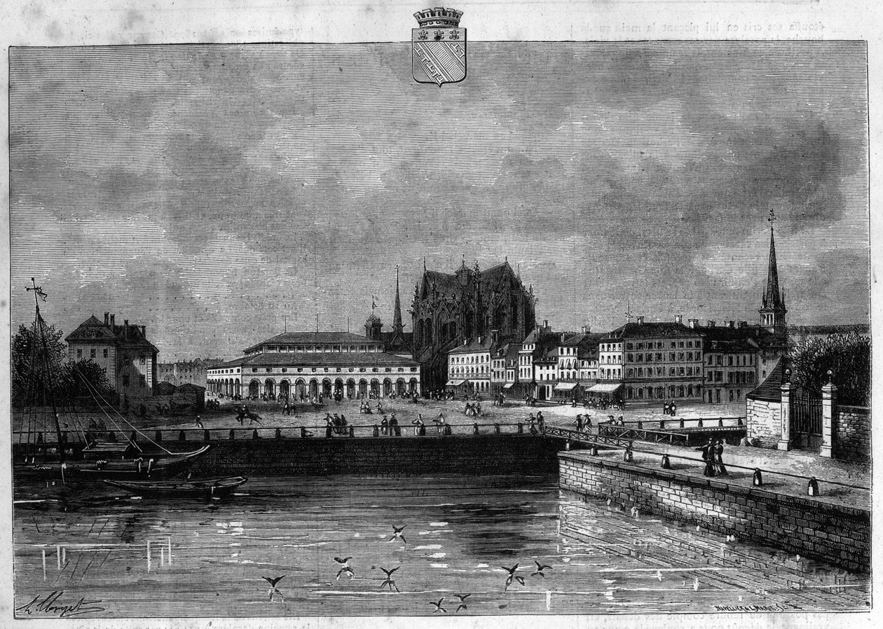 Vista da cidade de Troyes no amanhecer. Gravura de 1880 em "La republique illustree" coleção privada. de French School