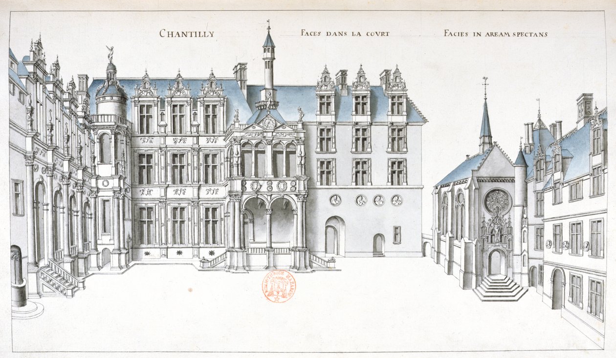 Vista do pátio e da capela em Chantilly (caneta, tinta e wc no papel) de French School