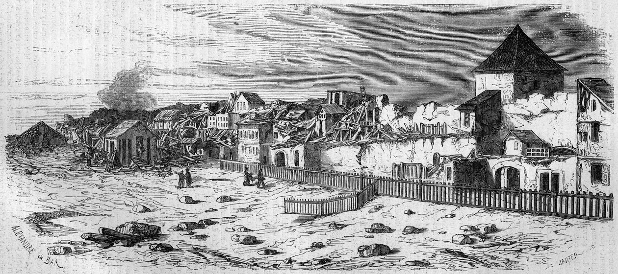 Vista do distrito da cidade de Kastrich, em Mainz (Alemanha), após a explosão do barril de pólvora em 1857. A partir de uma fotografia. Gravura em "Le Monde Illustré" n°36 de 19 de Dezembro de 1857. de French School