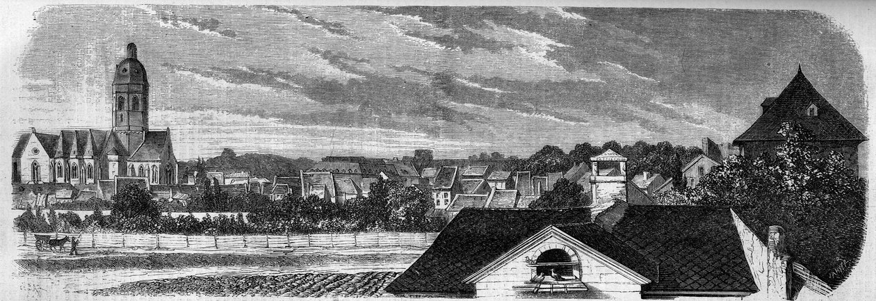 Vista do distrito da cidade de Kastrich, em Mainz (Alemanha), antes da explosão do barril de pólvora em 1857. A partir de uma fotografia. Gravura em "Le Monde Illustré" n°36 de 19 de Dezembro de 1857. de French School