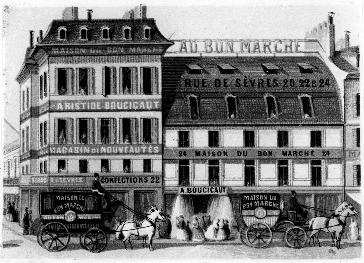 Vista do exterior das lojas Bon Marché, rue de Sèvres, Paris, c.1869 de French School