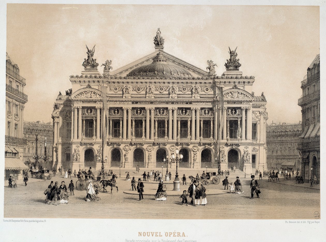 Vista da fachada da Ópera Garnier em Paris com vista para o Boulevard des Capucines. Da aquarela de Paris do século XIX, Musee Carnavalet de French School
