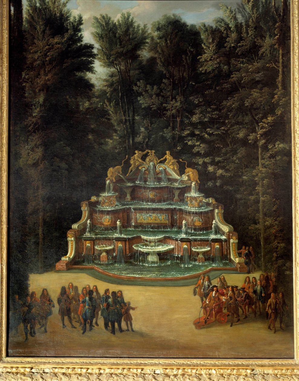 Vista da fonte do Buffet da Água nos jardins do Grand Trianon em 1713. Em primeiro plano: Luís XIV no Promenade Peinture de Charles Chatelain. Século XVIII. Dim. 2,96x1,42 m. Versalhes, Castelos de Versalhes e Trianon. de French School