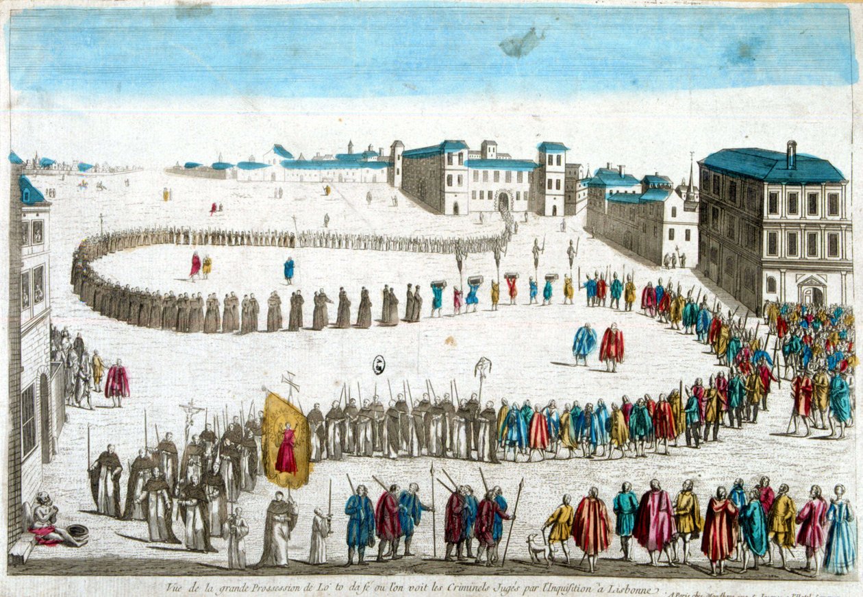 Vista da grande procissão do selfdafé onde vemos os criminosos julgados pela Inquisição em Lisboa - gravura de French School