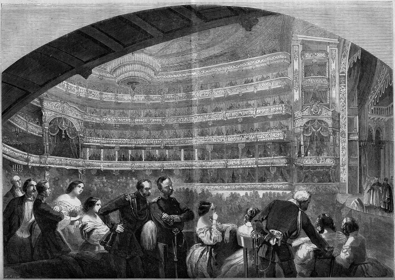 Vista do salão do Teatro Imperial em Moscovo, Rússia de French School