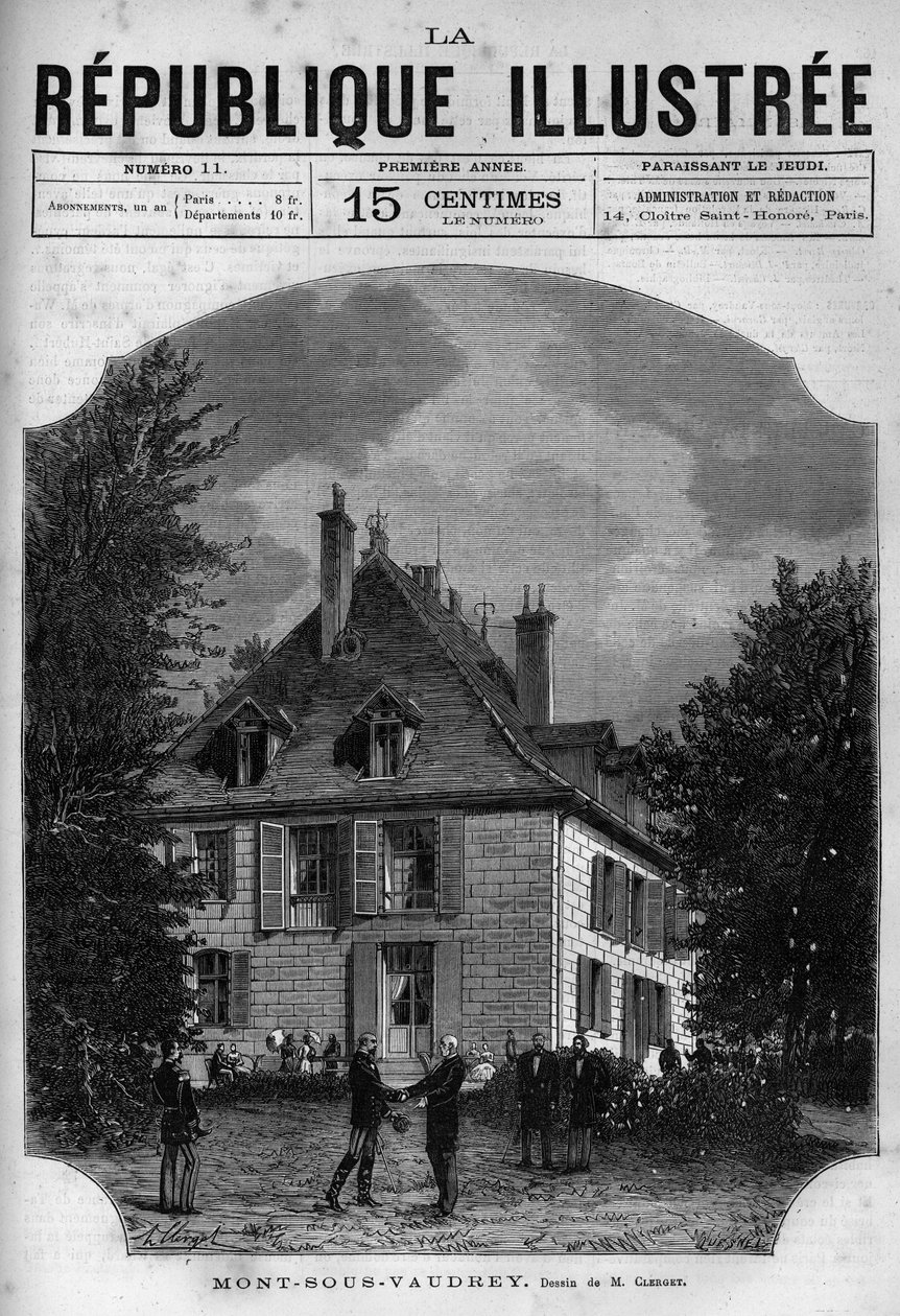 Vista da casa do Presidente Jules Grevy (1807-1891) em Mont sous Vaudrey (Mont-sous-Vaudrey) em Franche Comte. Um jornal. Gravura de 1880 em "La republique illustree" coleção privada. de French School