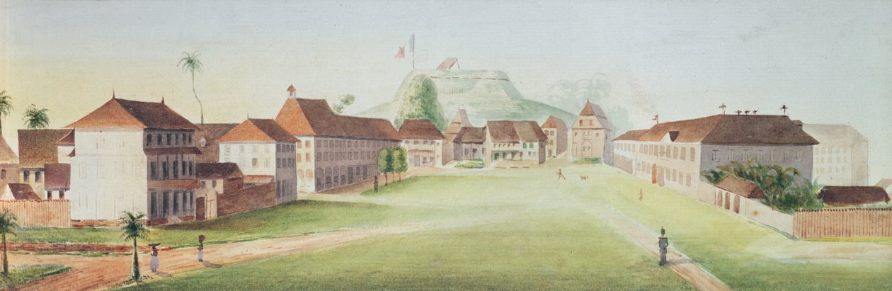 Vista dos quartéis de infantaria em Caiena, Guiana Francesa, c. 1840 (wc no papel) de French School