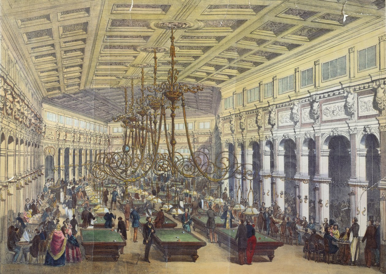 Vista do interior do Grand Cafe Parisien, Paris, gravado por Thibault, 1855 de French School