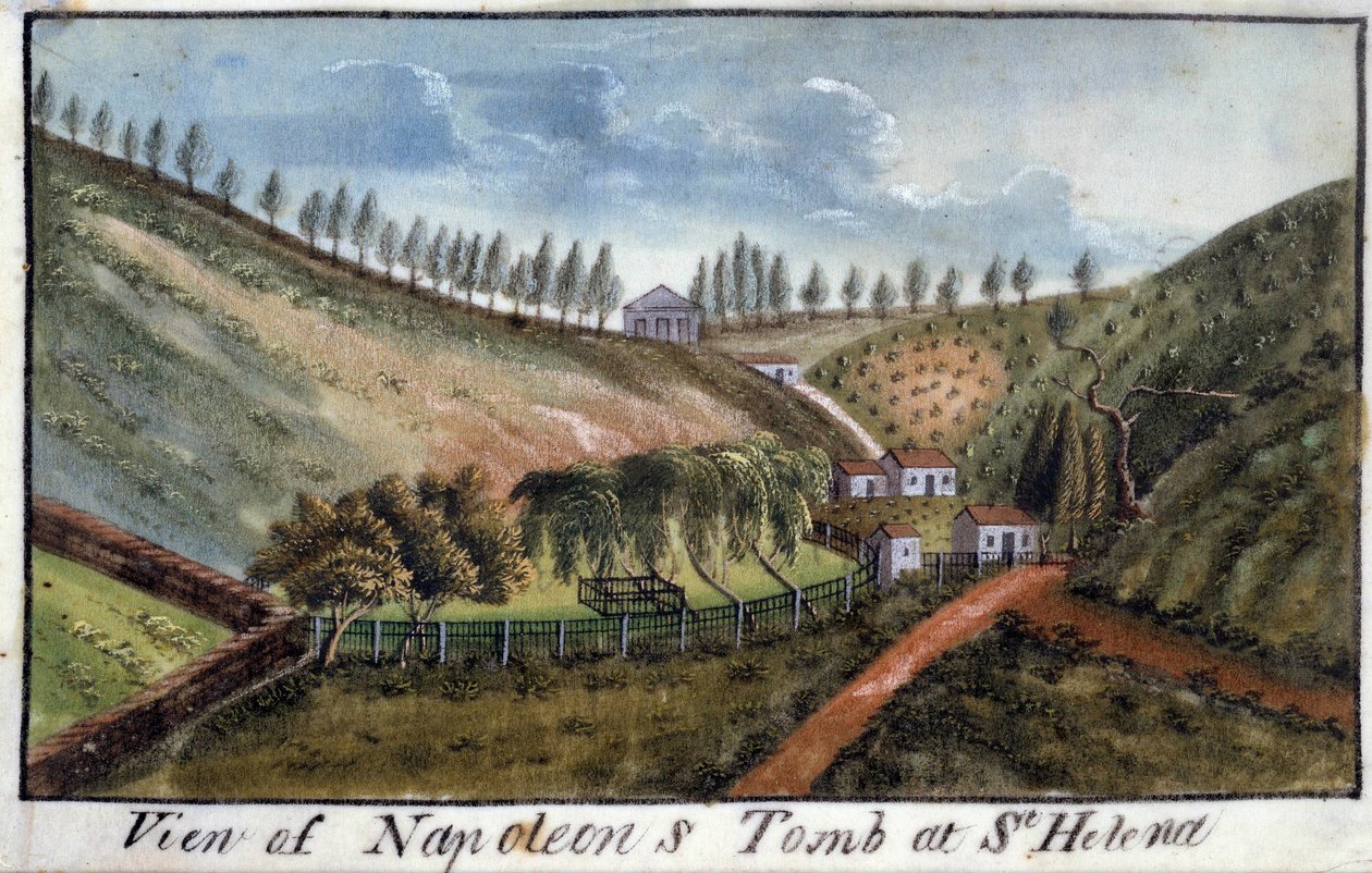 Vista da ilha de Santa Helena com o túmulo do Imperador Napoleão I (1769-1821) Aguarela por volta de 1821. Ile d