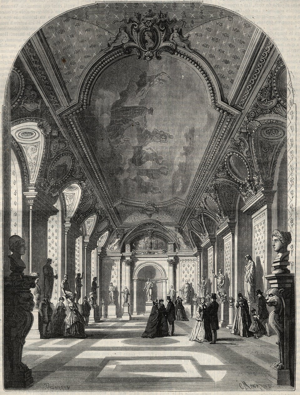 Vista da nova sala dos imperadores romanos, no Musee des Antiques du Louvre. Gravura em "L