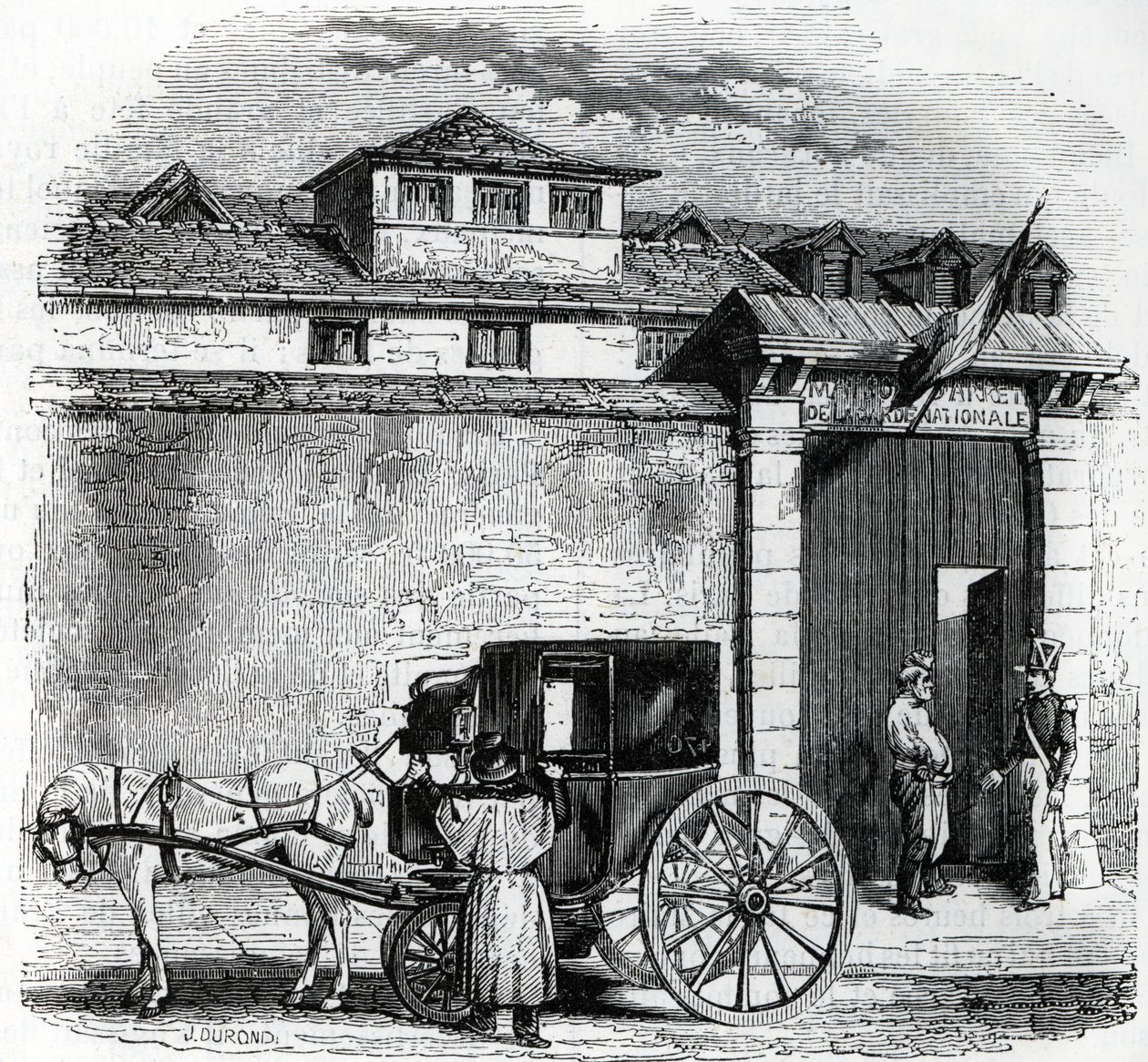 Vista da antiga casa de detenção da Guarda Nacional conhecida como Hotel des Beans em Paris (prisão de jardim nacional em Paris) de French School