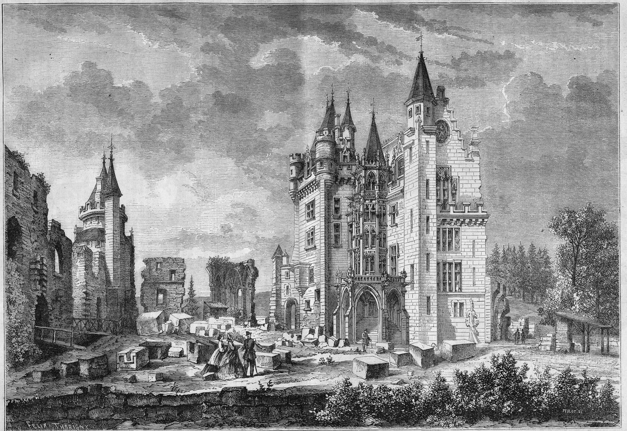 Vista do trabalho de restauração do Chateau de Pierrefonds, organizado por Eugene Viollet le Duc (Viollet-le-Duc), durante a visita de Napoleão III e do Impression Eugenie de Montijo. Oise (60) de French School
