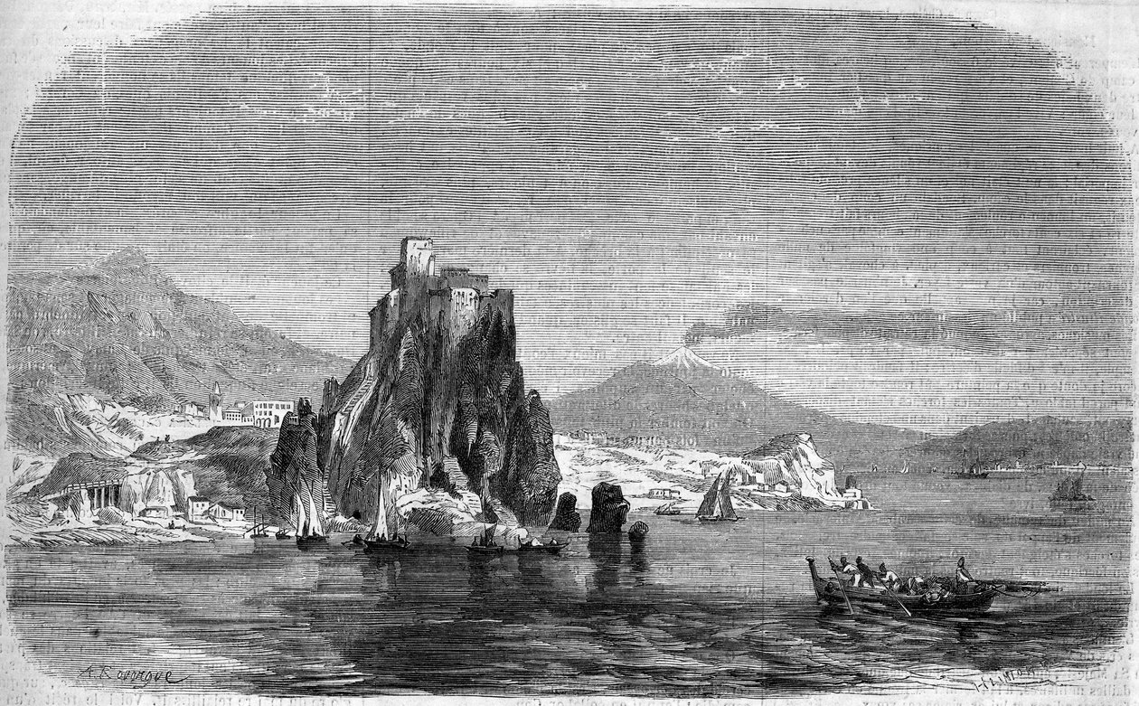 Vista das rochas de "Charybde" e "Scylla" em Detroit de Messina, Sicília de French School