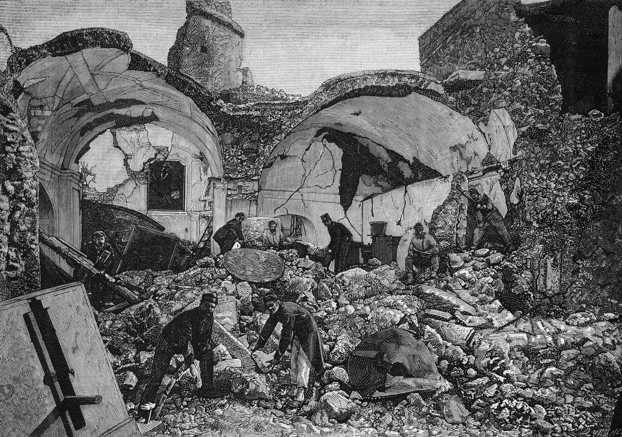 Vista das ruínas do Chiese del Purgatorio, destruído durante o terremoto de 1881 na ilha de Ischia (Itália). Gravura de Quesnel In "The Illustrous World" n°1254 de 9 de Abril de 1881. de French School