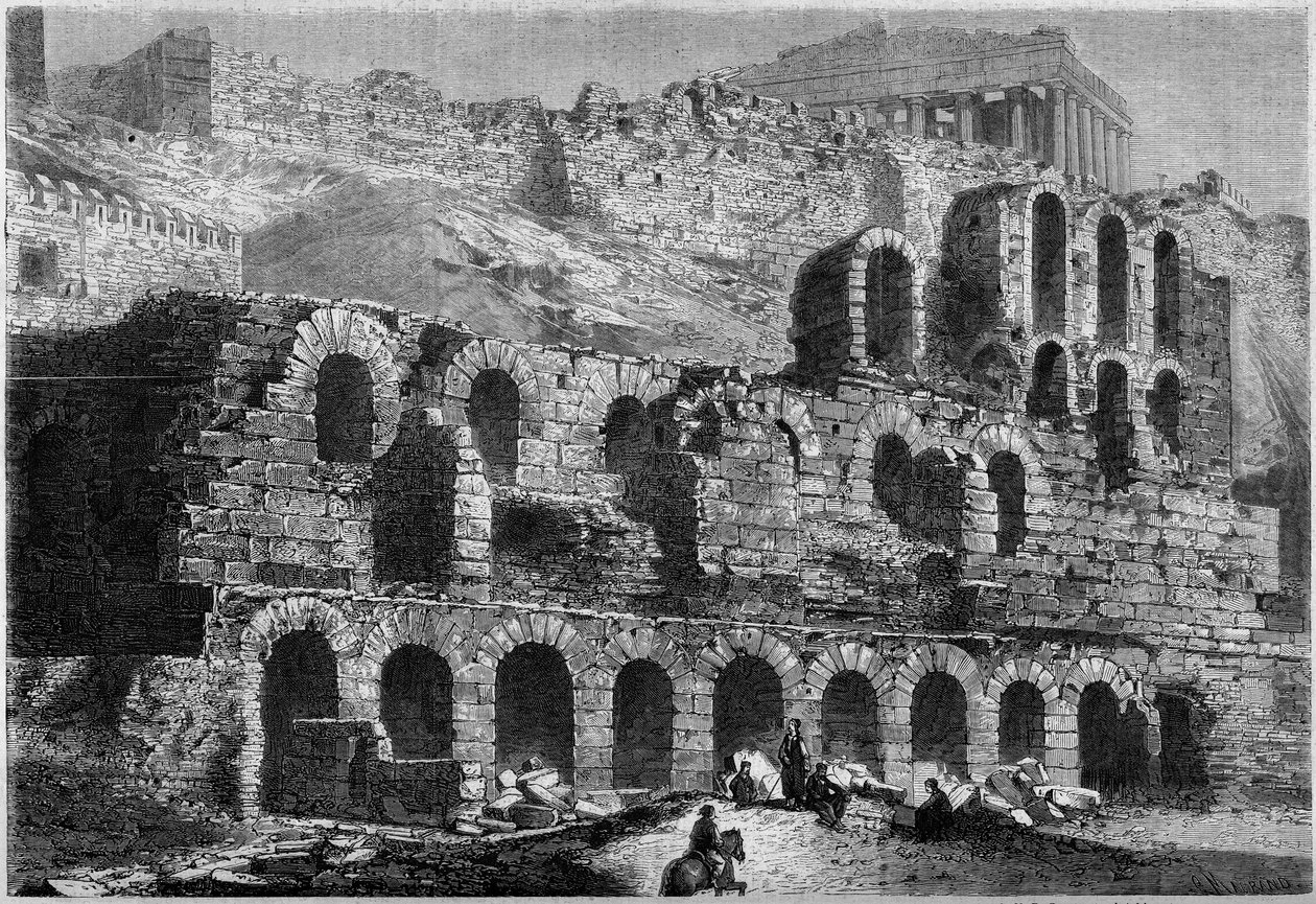 Vista das ruínas da Odeon of Herode Atticus (construída em 161 d.C.) em Atenas, Grécia de French School