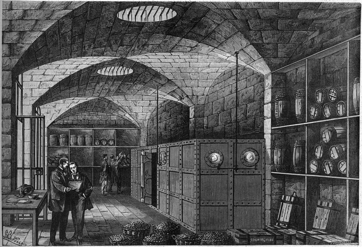 Vista do aperto, localizado nas caves do Louvre, onde se armazena a prata destinada à Alemanha. A França teve que pagar uma compensação pela sua derrota durante a Guerra de 1870. Paris de French School