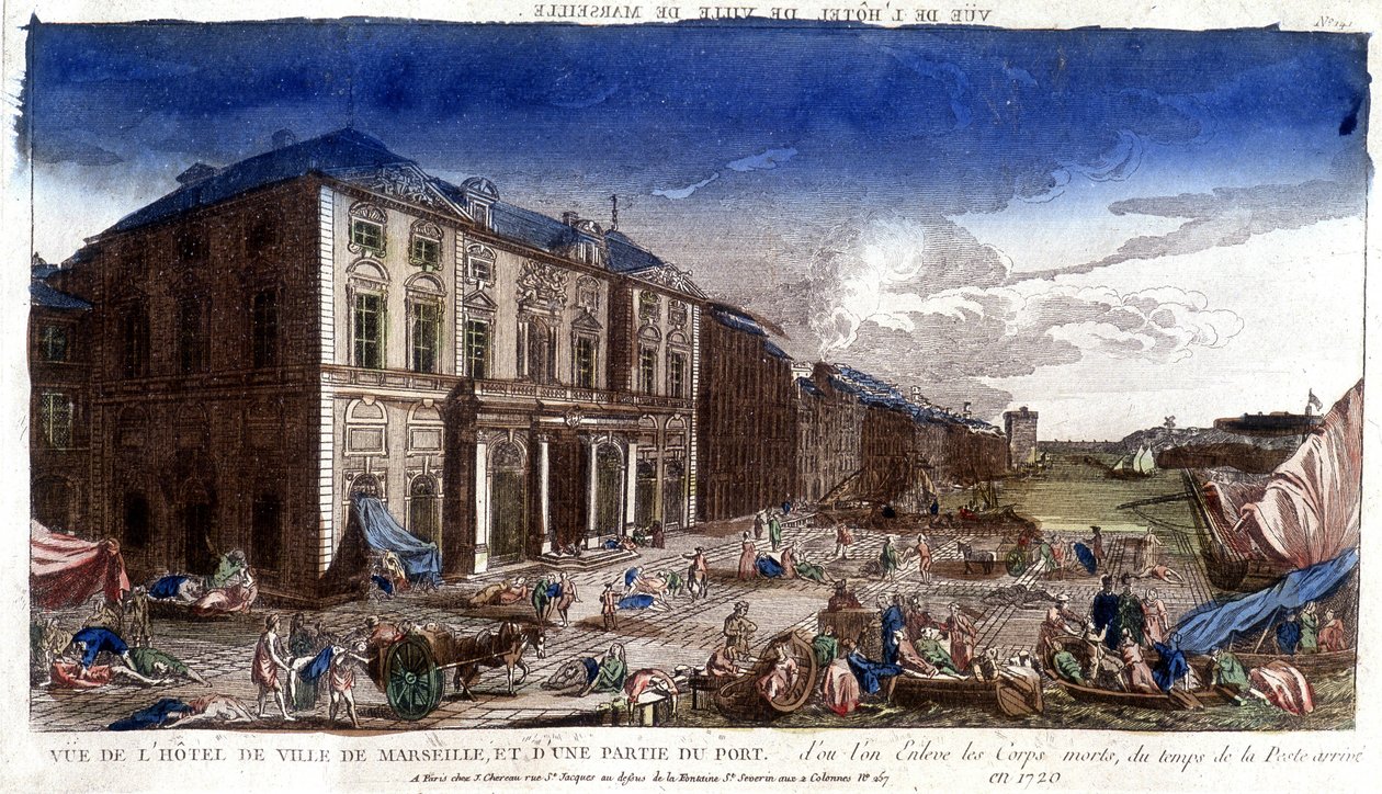 Vista da Câmara Municipal de Marselha e parte do porto, de onde chegaram os cadáveres da época da peste em 1720 - gravura de French School