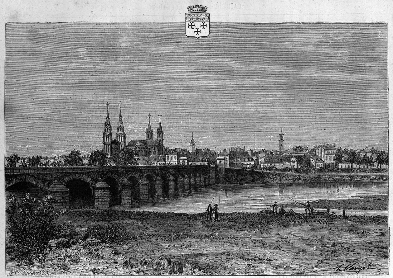 Vista da cidade de Moulins no Allier. Gravura de 1880 na colecção privada "La republique illustree". de French School