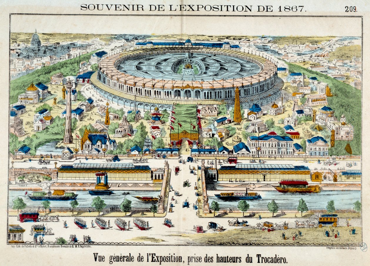 Vista da exposição mundial a partir do Trocadero em Paris. Gravura de 1867. Paris, museu do carnaval de French School