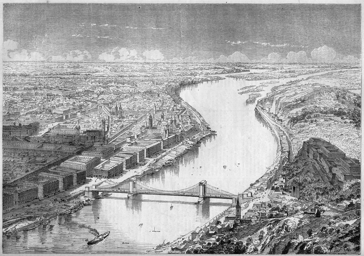 Vista da cidade de Pesth (Pest), capital da Hungria, em 1861, e da Ponte Szechenyi, ou Ponte das Cadeias, construída entre 1840 e 1849. Gravura em "Le Monde Illustré" n°229 de 31 de Agosto de 1861. de French School